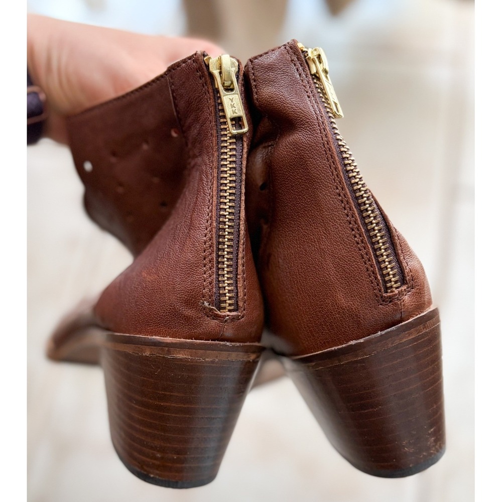 Brown Leather Perforated Ankle Boots Back‎ Zip Stacked Heel Size 11 - Picture 5 of 7